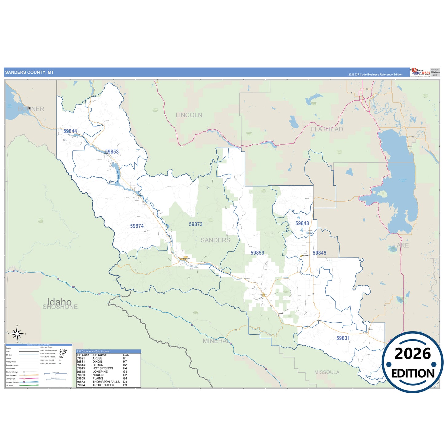 Sanders County, MT Business Reference 5 Digit ZIP Code Wall Map
