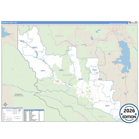 Sanders County, MT Business Reference 5 Digit ZIP Code Wall Map