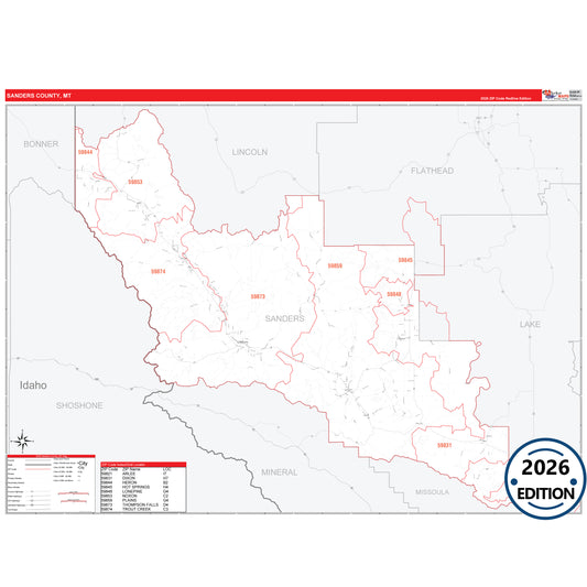 Sanders County, MT Red Line 5 Digit ZIP Code Wall Map