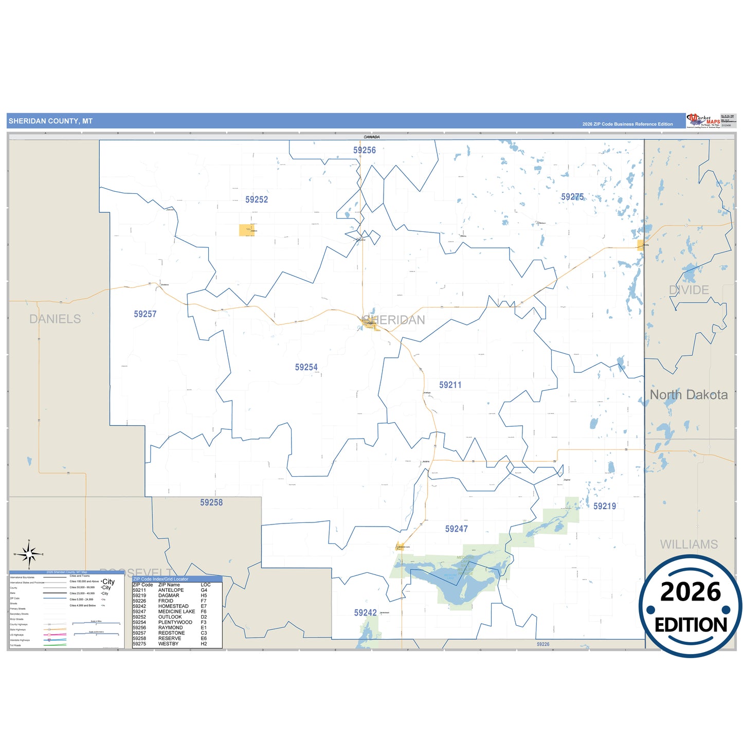Sheridan County, MT Business Reference 5 Digit ZIP Code Wall Map