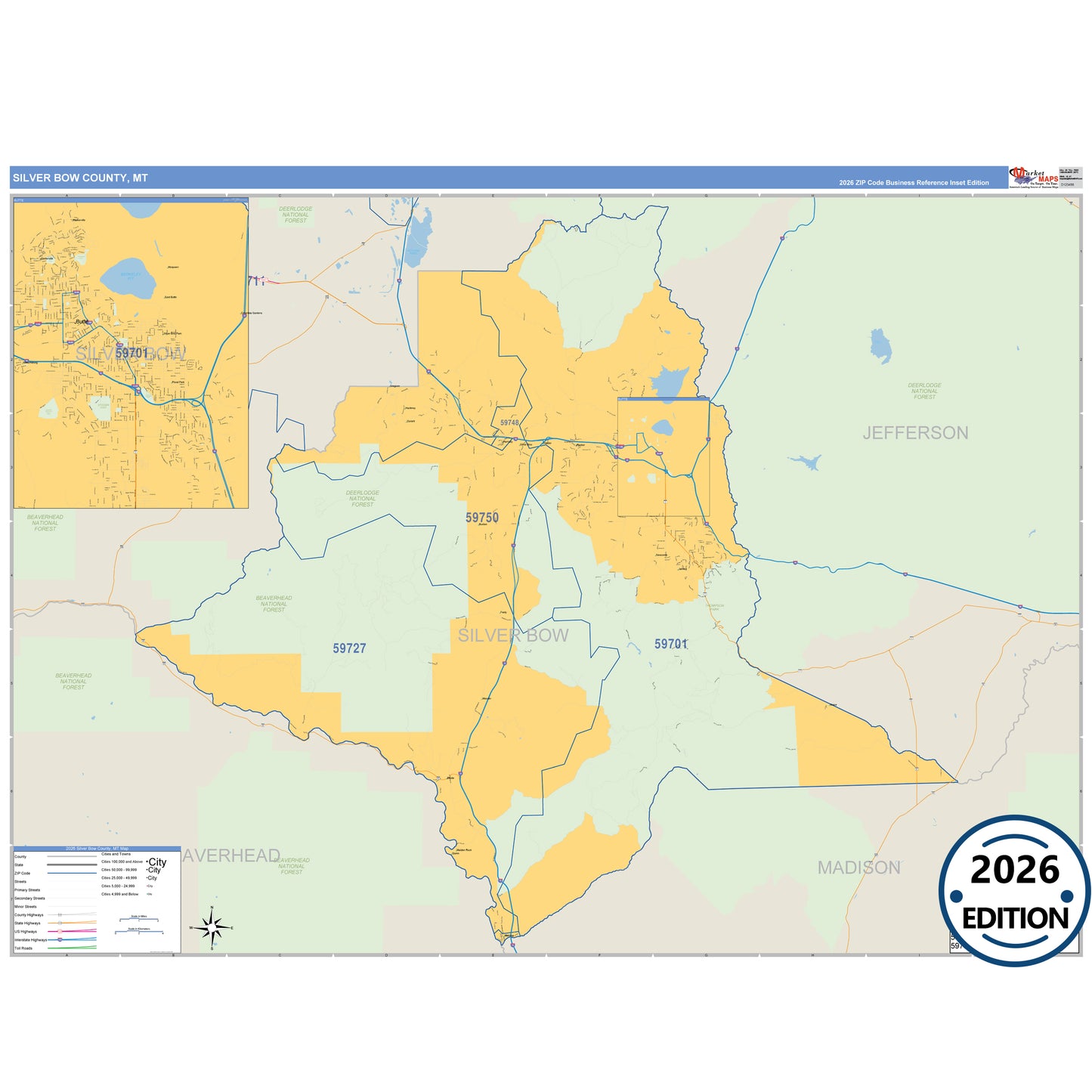 Silver Bow County, MT Business Reference 5 Digit ZIP Code Wall Map