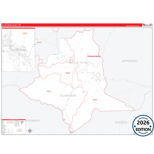 Silver Bow County, MT Red Line 5 Digit ZIP Code Wall Map