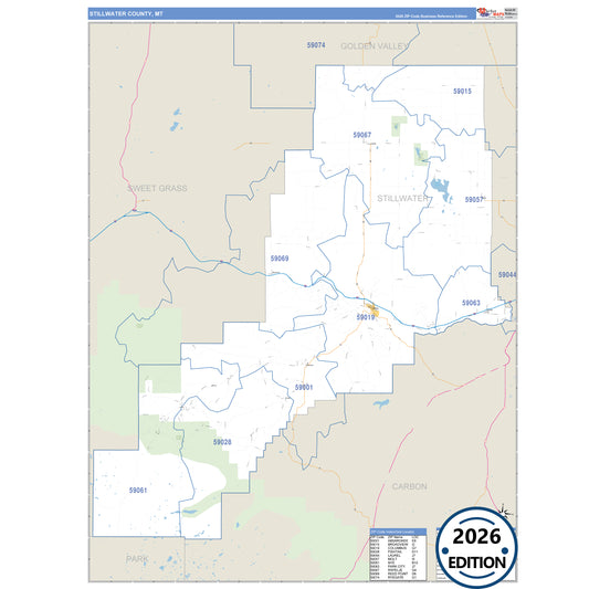 Stillwater County, MT Business Reference 5 Digit ZIP Code Wall Map