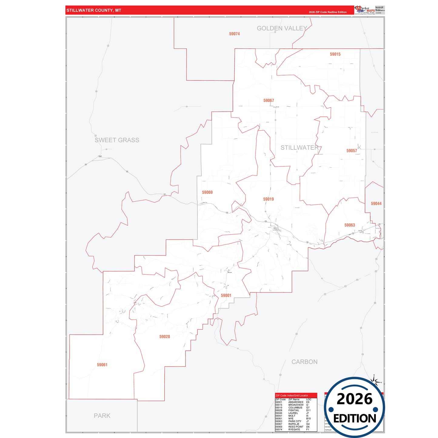 Stillwater County, MT Red Line 5 Digit ZIP Code Wall Map