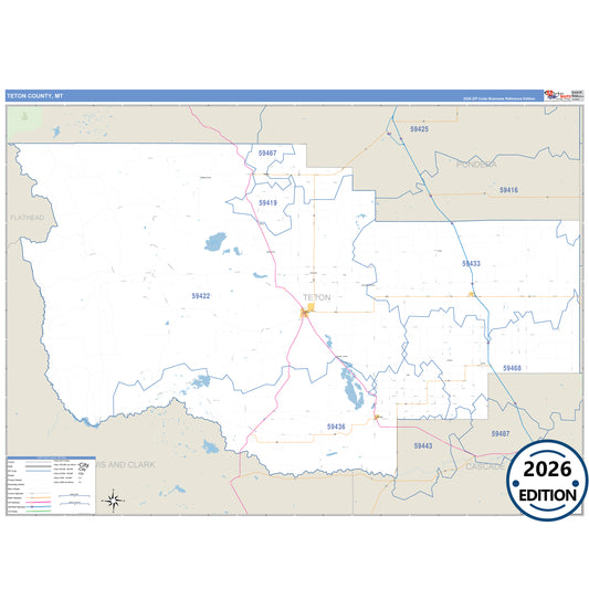 Teton County, MT Business Reference 5 Digit ZIP Code Wall Map