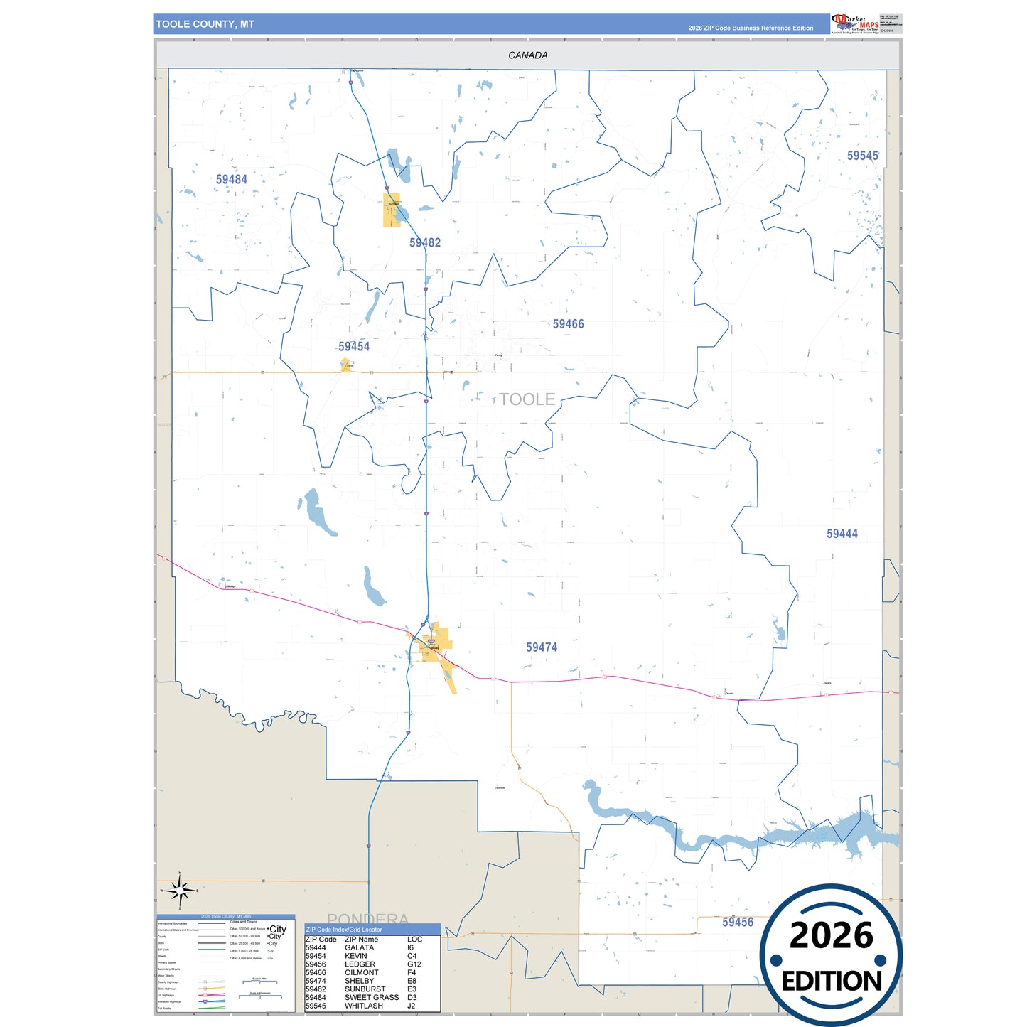 Toole County, MT Business Reference 5 Digit ZIP Code Wall Map