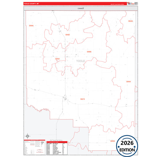 Toole County, MT Red Line 5 Digit ZIP Code Wall Map