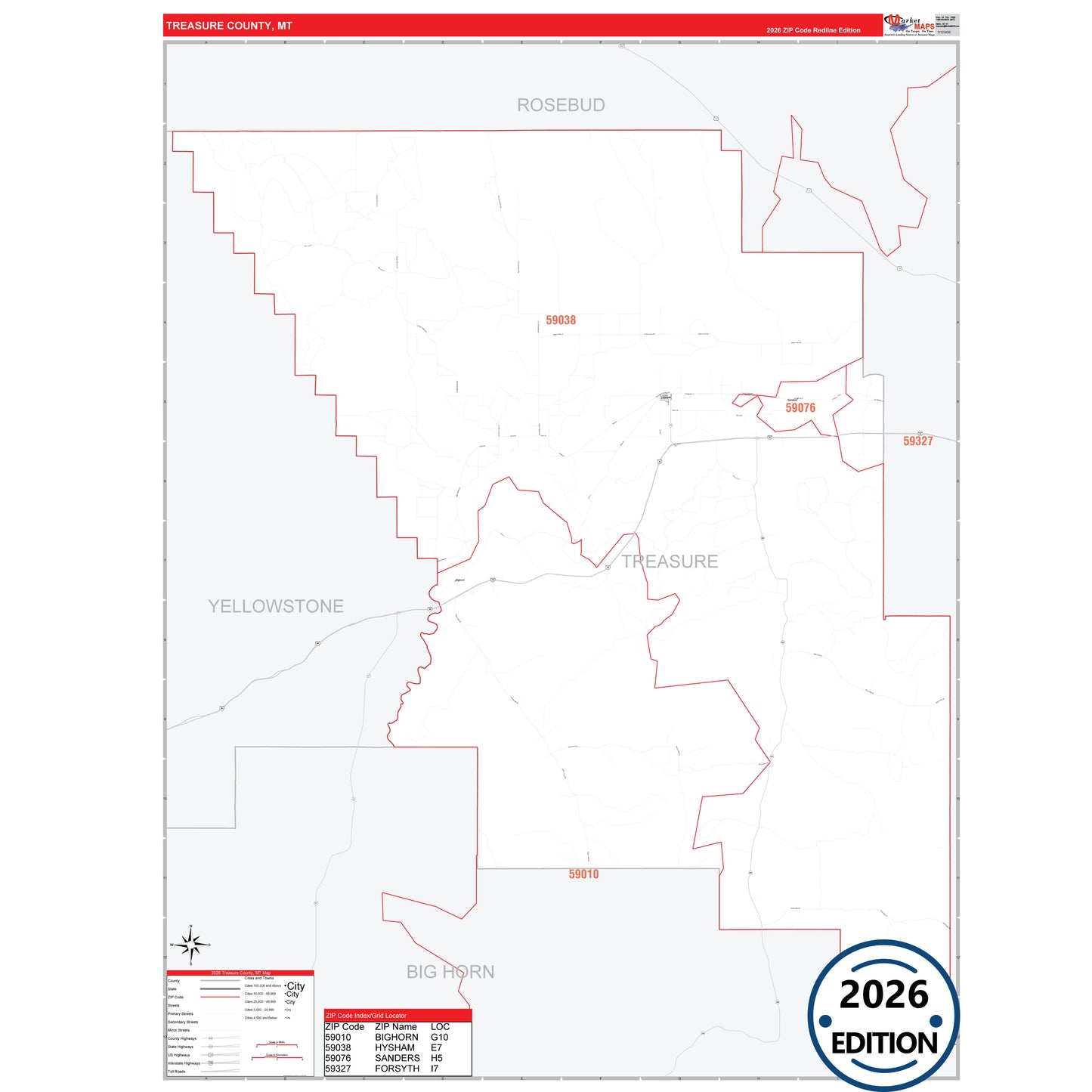 Treasure County, MT Red Line 5 Digit ZIP Code Wall Map