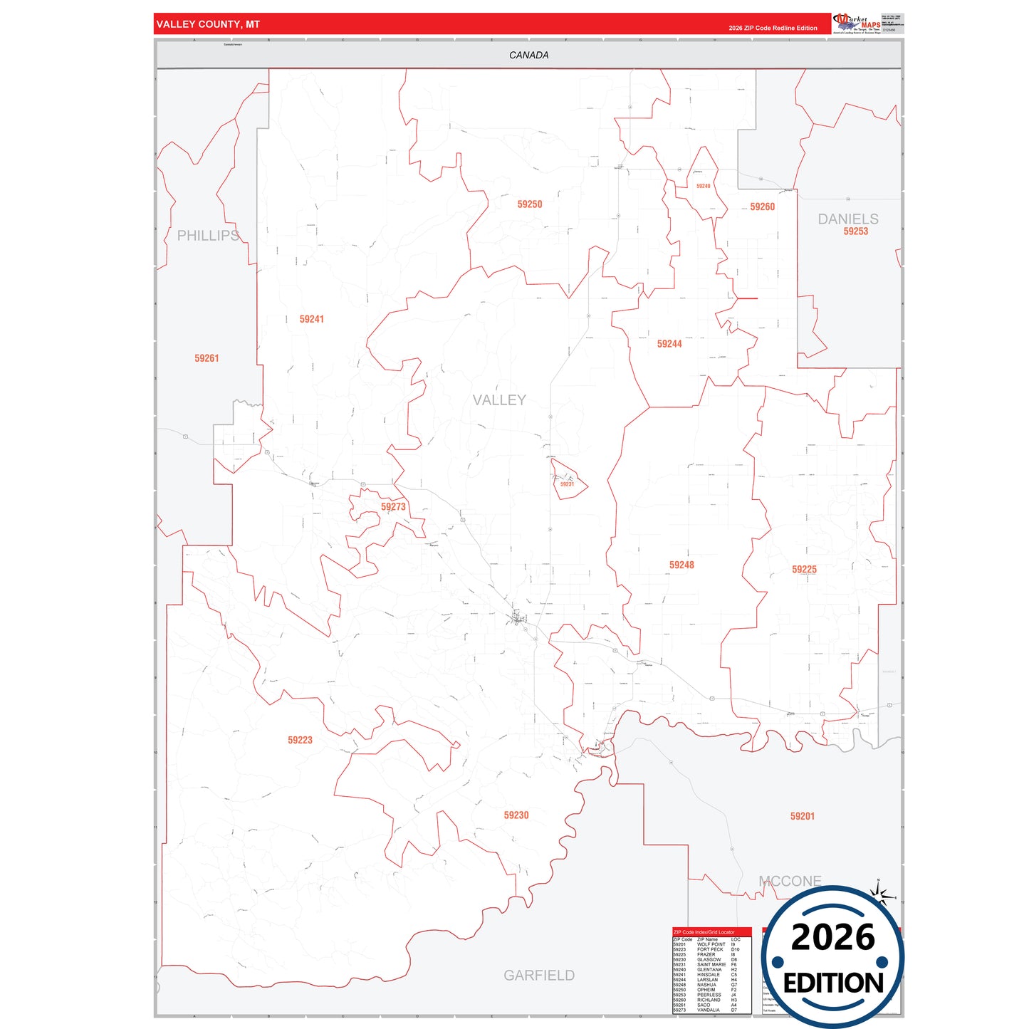 Valley County, MT Red Line 5 Digit ZIP Code Wall Map