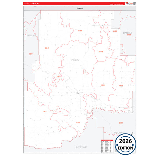 Valley County, MT Red Line 5 Digit ZIP Code Wall Map