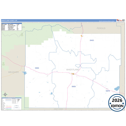 Wheatland County, MT Business Reference 5 Digit ZIP Code Wall Map