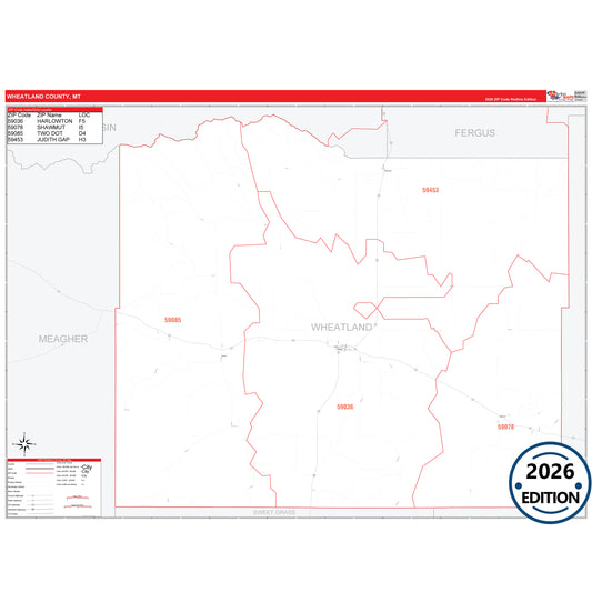 Wheatland County, MT Red Line 5 Digit ZIP Code Wall Map