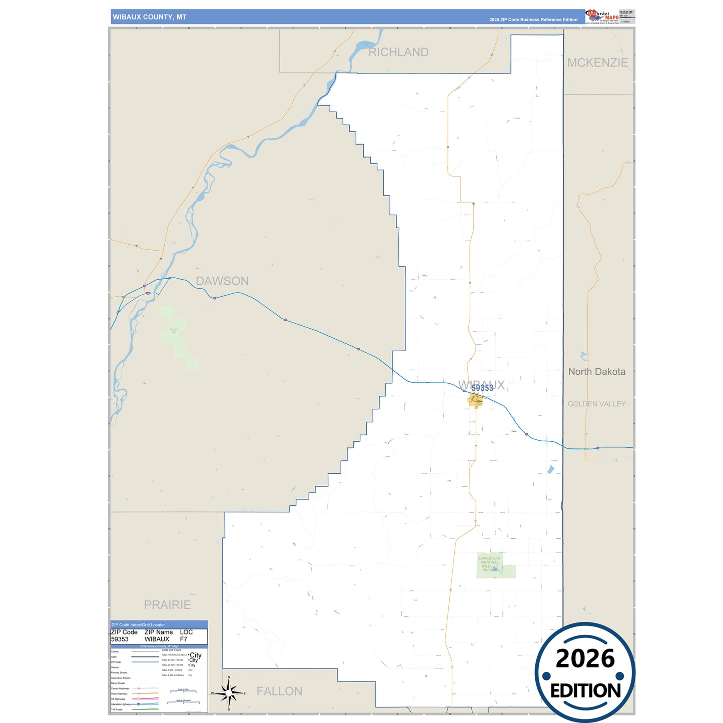 Wibaux County, MT Business Reference 5 Digit ZIP Code Wall Map