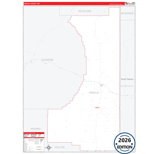 Wibaux County, MT Red Line 5 Digit ZIP Code Wall Map
