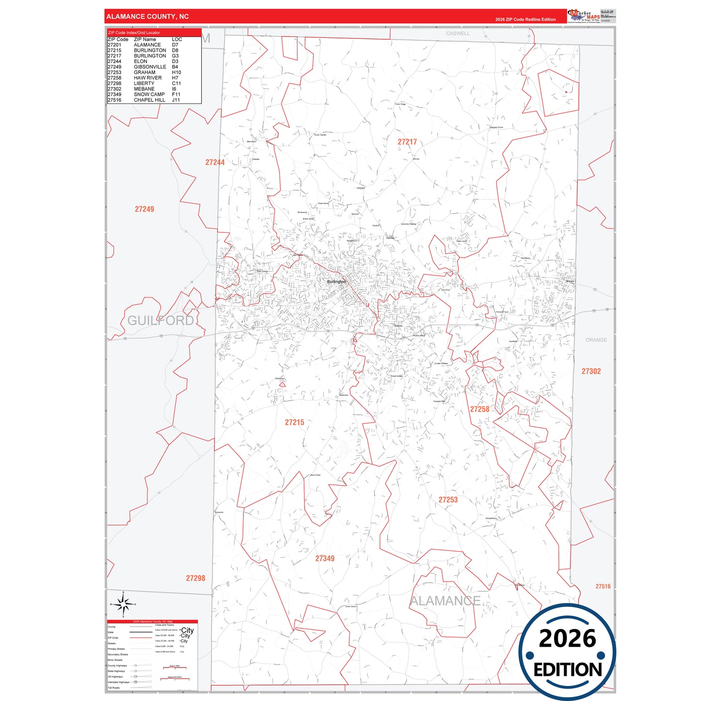 Alamance County, NC Red Line 5 Digit ZIP Code Wall Map
