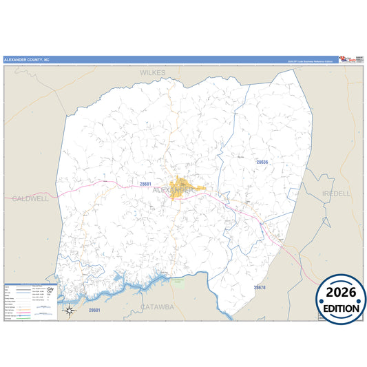 Alexander County, NC Business Reference 5 Digit ZIP Code Wall Map