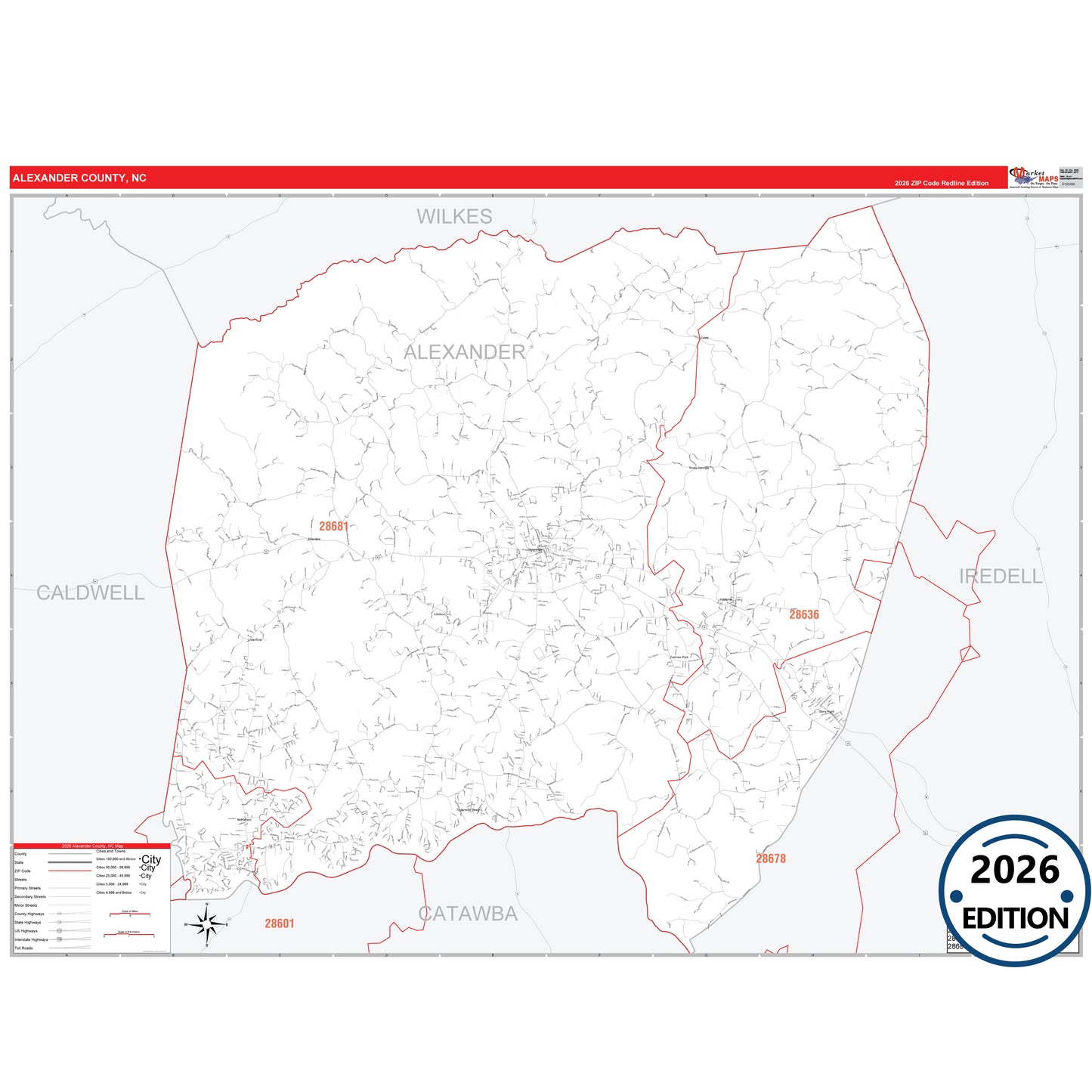 Alexander County, NC Red Line 5 Digit ZIP Code Wall Map