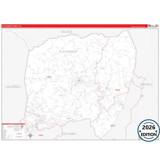 Alexander County, NC Red Line 5 Digit ZIP Code Wall Map