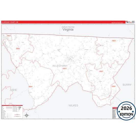 Alleghany County, NC Red Line 5 Digit ZIP Code Wall Map