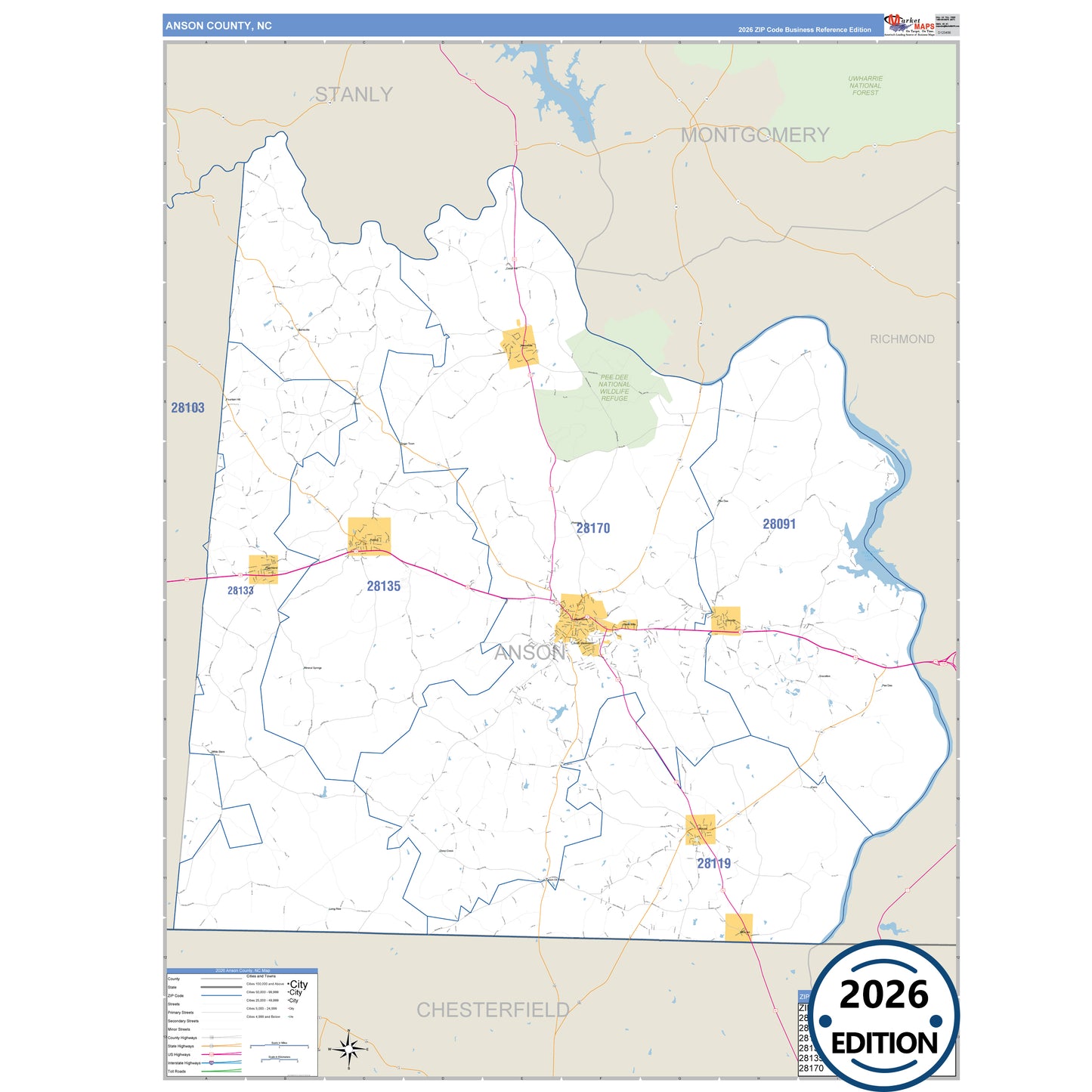 Anson County, NC Business Reference 5 Digit ZIP Code Wall Map