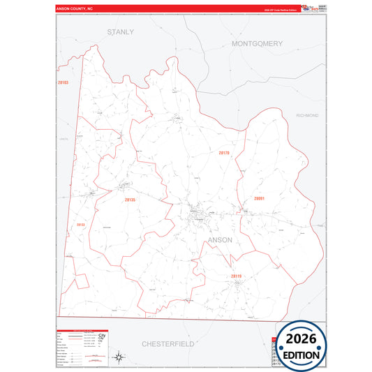 Anson County, NC Red Line 5 Digit ZIP Code Wall Map