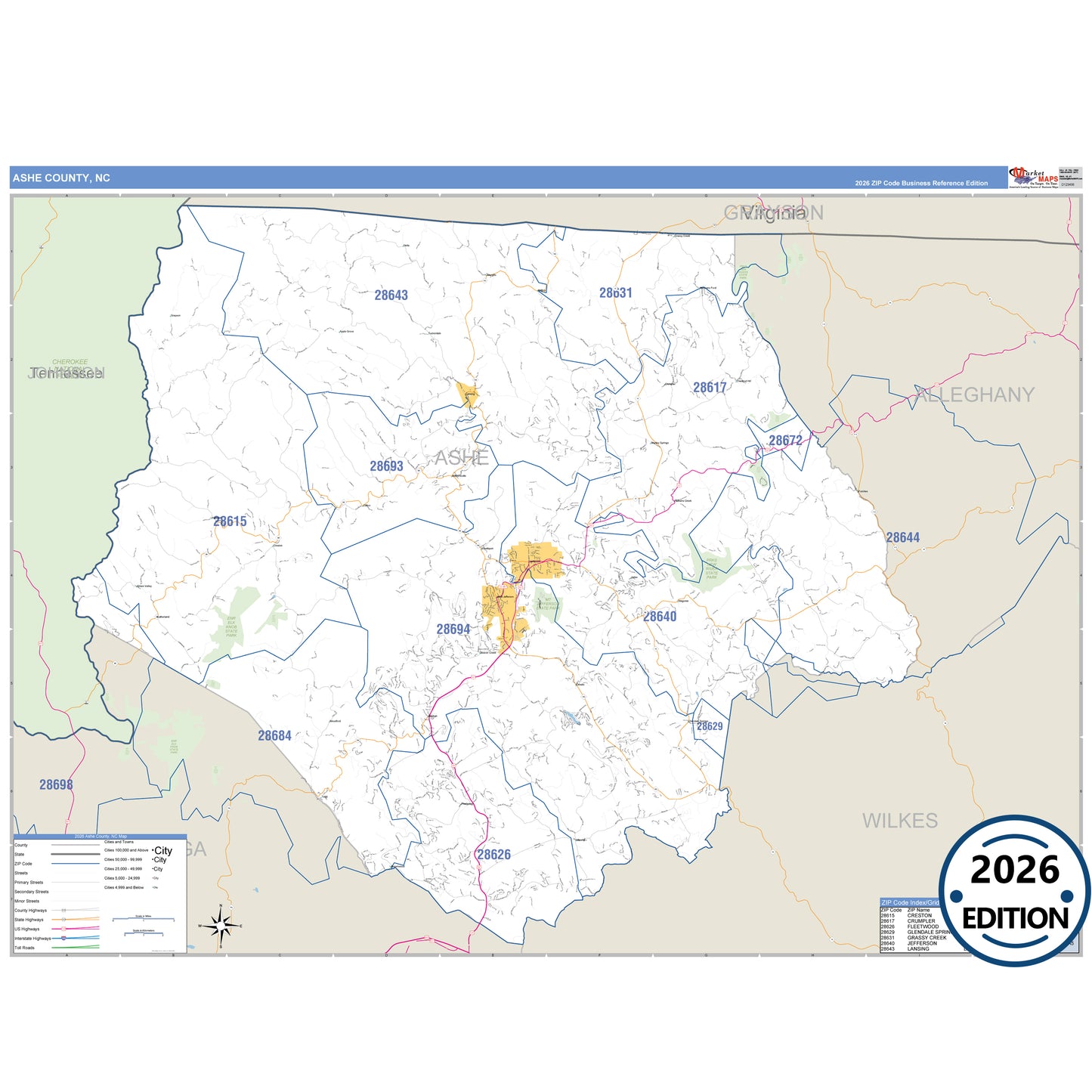 Ashe County, NC Business Reference 5 Digit ZIP Code Wall Map