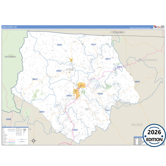 Ashe County, NC Business Reference 5 Digit ZIP Code Wall Map