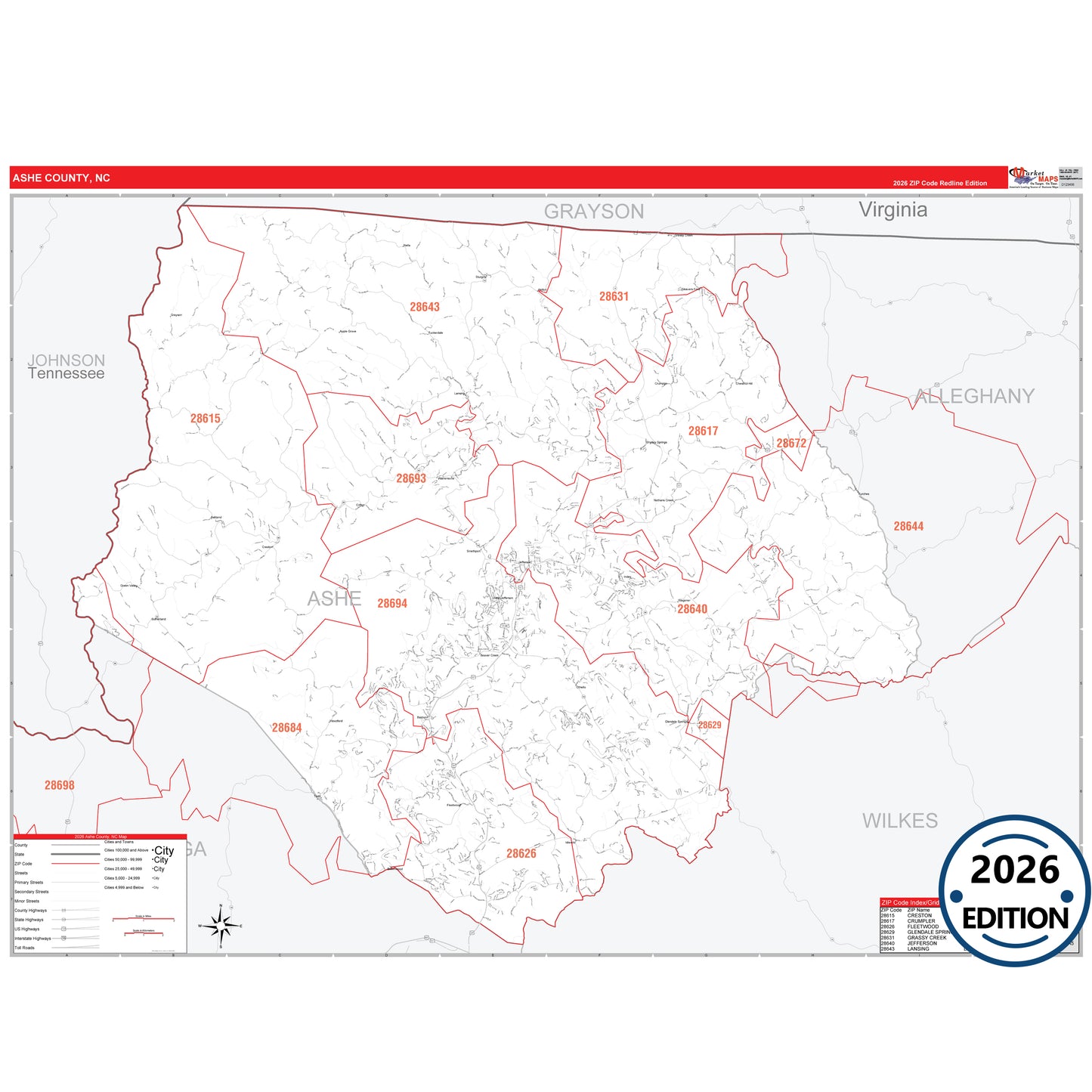 Ashe County, NC Red Line 5 Digit ZIP Code Wall Map