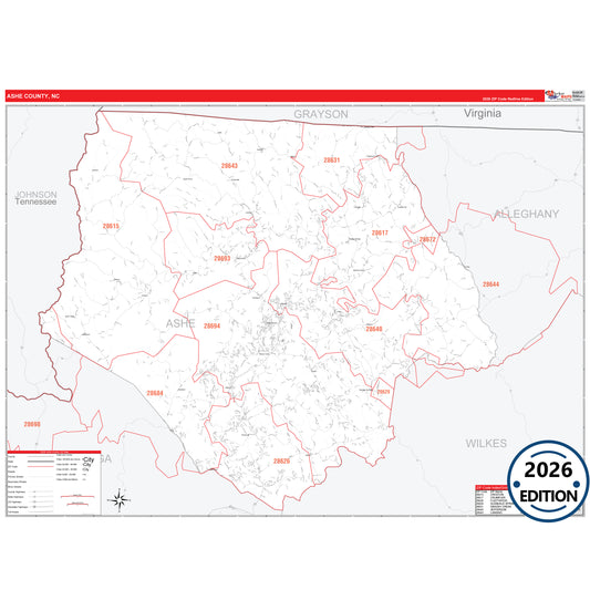 Ashe County, NC Red Line 5 Digit ZIP Code Wall Map