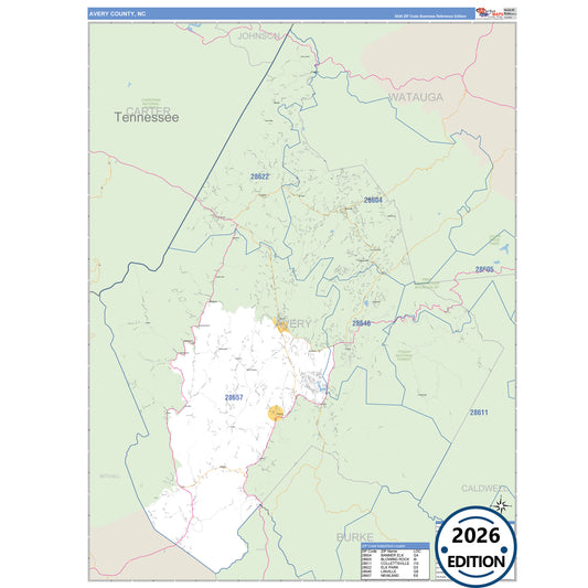 Avery County, NC Business Reference 5 Digit ZIP Code Wall Map