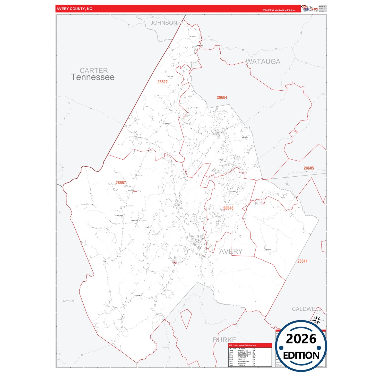 Avery County, NC Red Line 5 Digit ZIP Code Wall Map