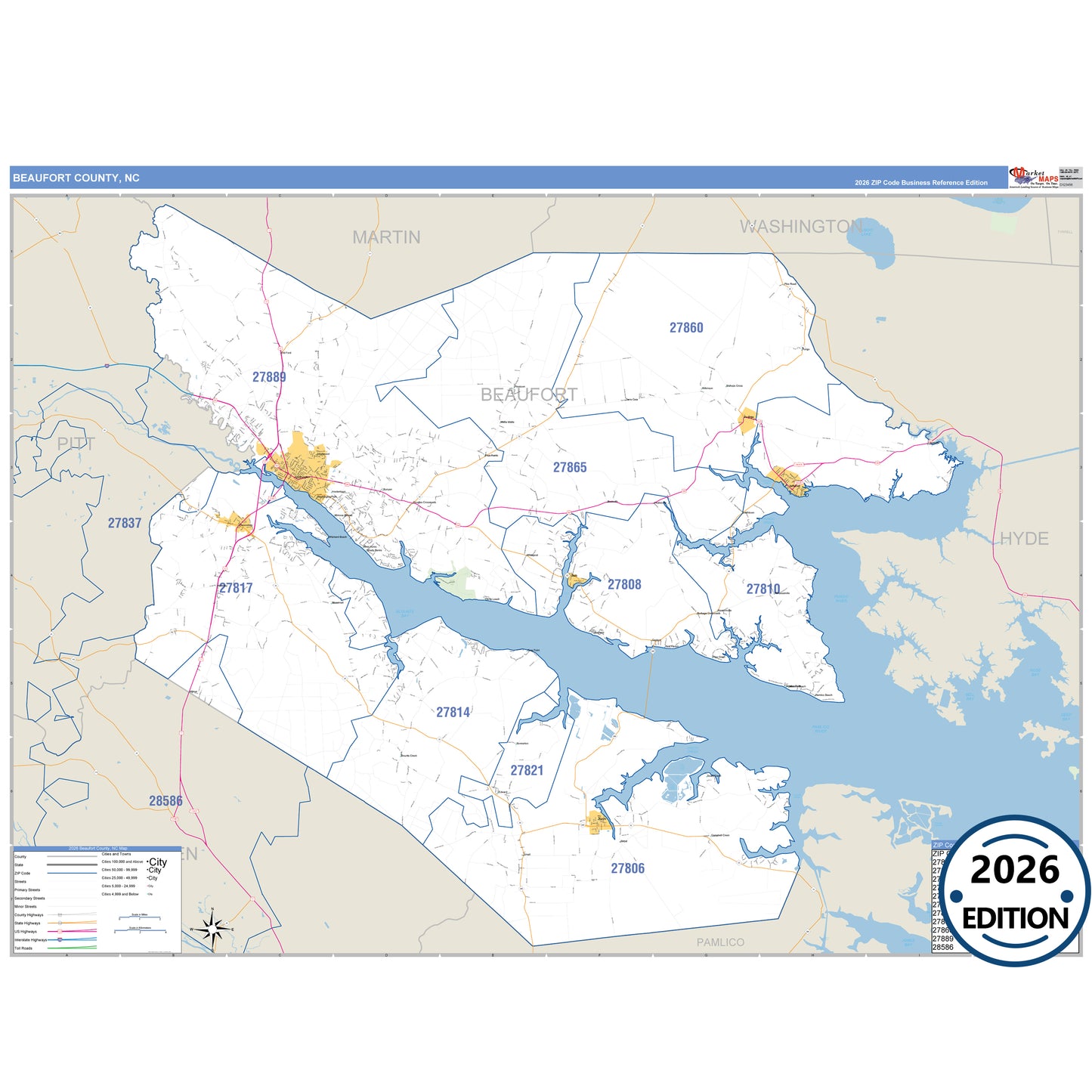 Beaufort County, NC Business Reference 5 Digit ZIP Code Wall Map
