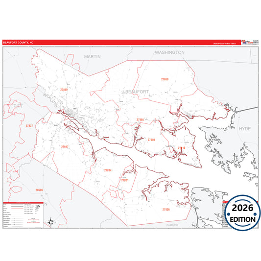 Beaufort County, NC Red Line 5 Digit ZIP Code Wall Map