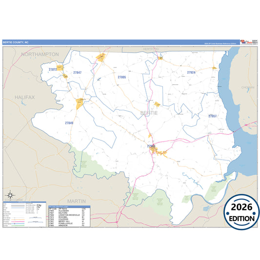 Bertie County, NC Business Reference 5 Digit ZIP Code Wall Map