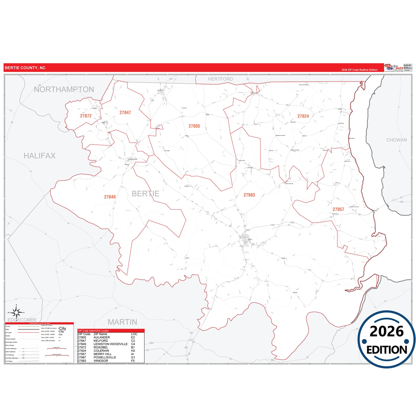 Bertie County, NC Red Line 5 Digit ZIP Code Wall Map