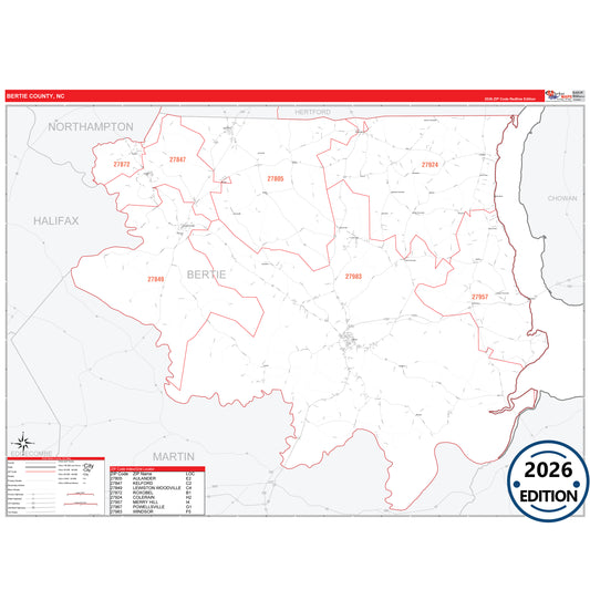 Bertie County, NC Red Line 5 Digit ZIP Code Wall Map