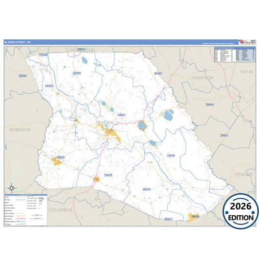 Bladen County, NC Business Reference 5 Digit ZIP Code Wall Map