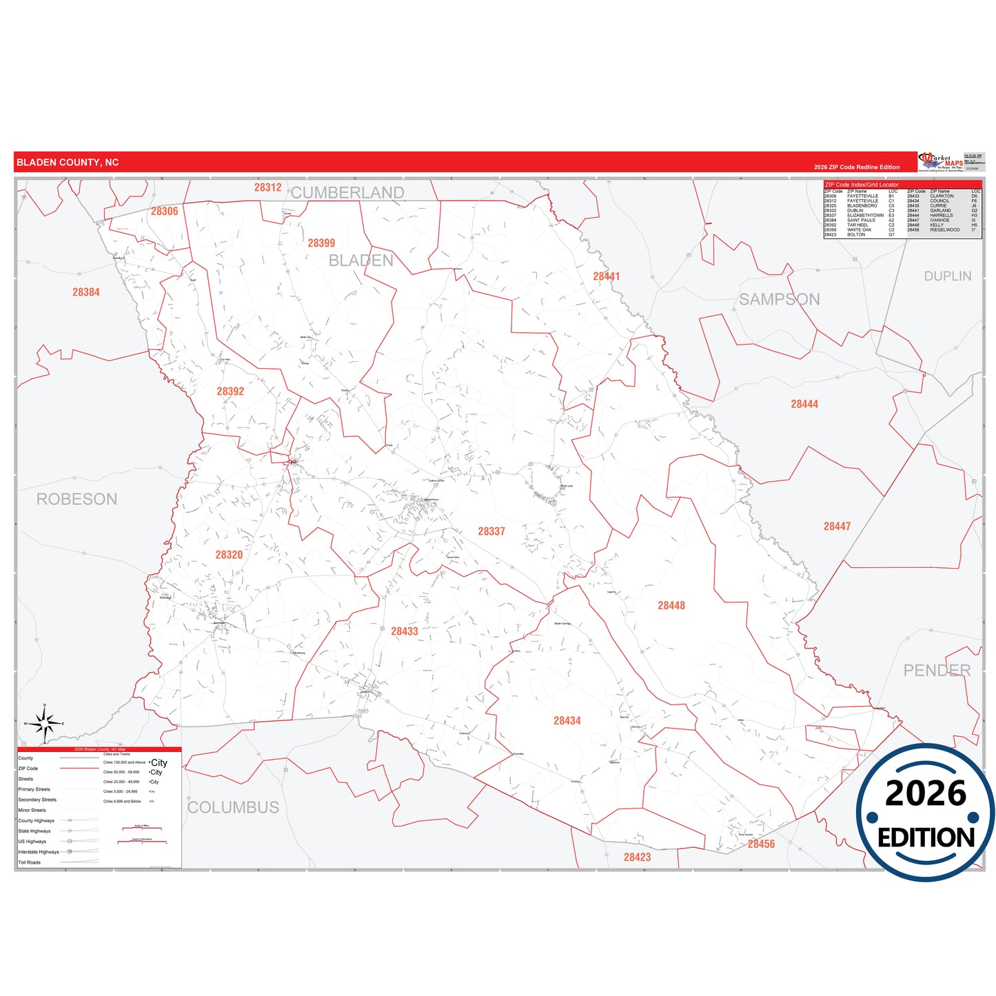 Bladen County, NC Red Line 5 Digit ZIP Code Wall Map