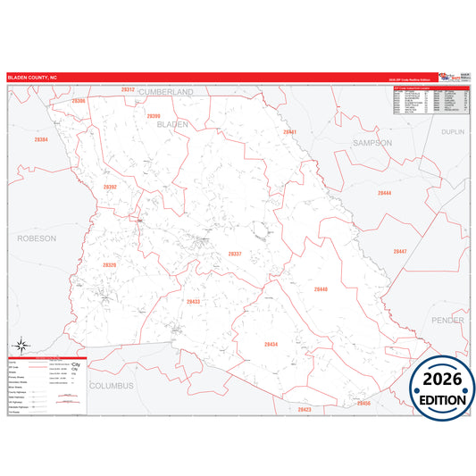 Bladen County, NC Red Line 5 Digit ZIP Code Wall Map