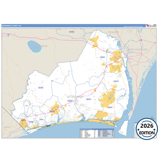 Brunswick County, NC Business Reference 5 Digit ZIP Code Wall Map