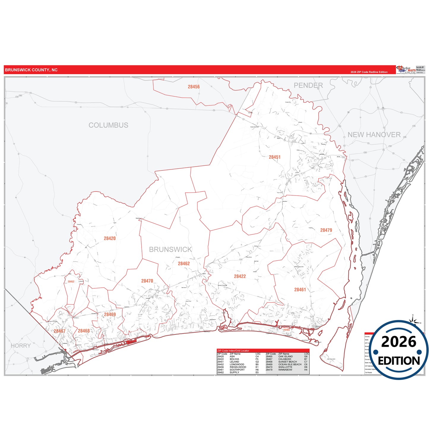Brunswick County, NC Red Line 5 Digit ZIP Code Wall Map