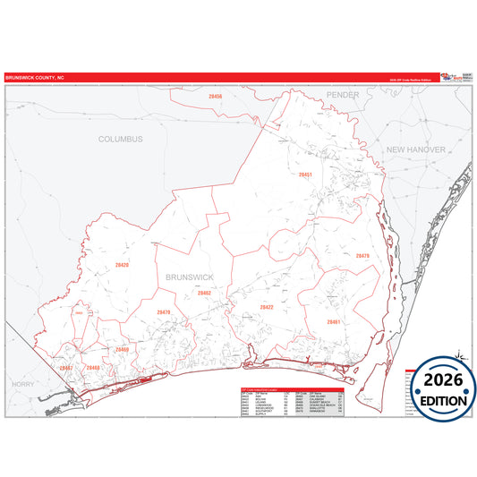 Brunswick County, NC Red Line 5 Digit ZIP Code Wall Map