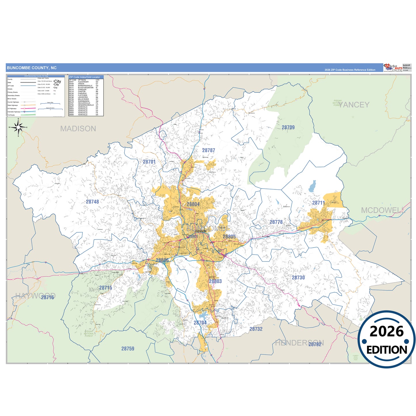 Buncombe County, NC Business Reference 5 Digit ZIP Code Wall Map