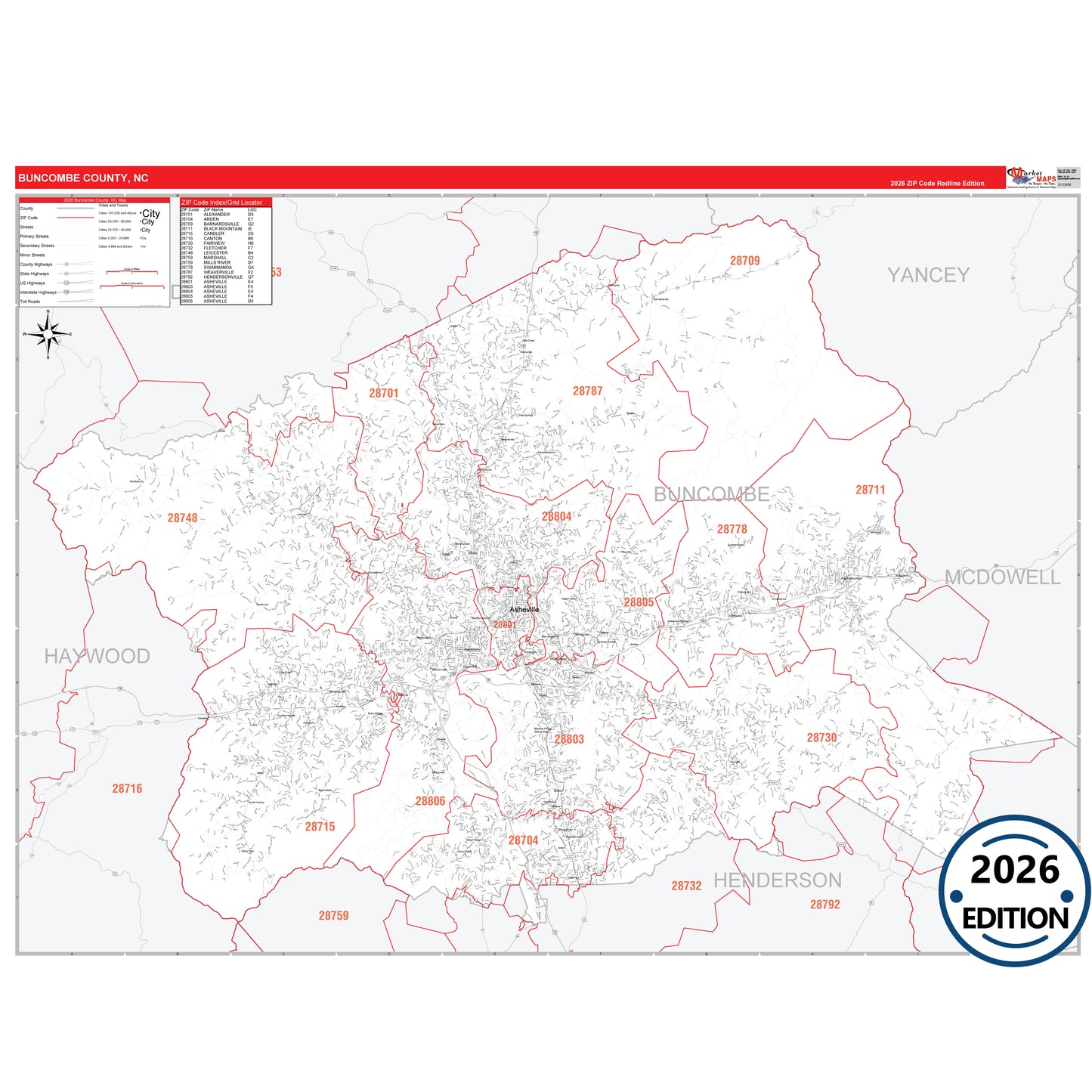 Buncombe County, NC Red Line 5 Digit ZIP Code Wall Map