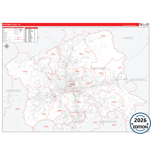 Buncombe County, NC Red Line 5 Digit ZIP Code Wall Map