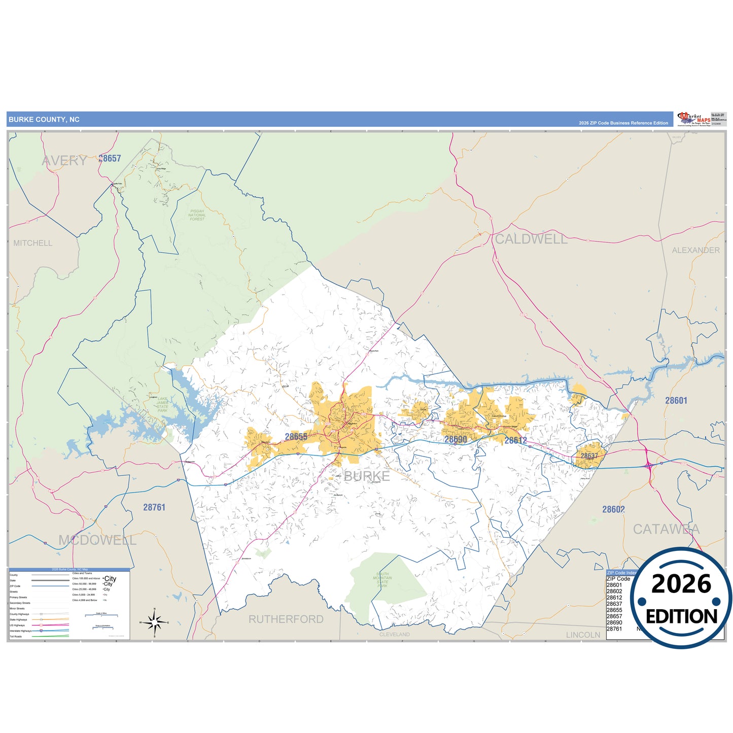 Burke County, NC Business Reference 5 Digit ZIP Code Wall Map