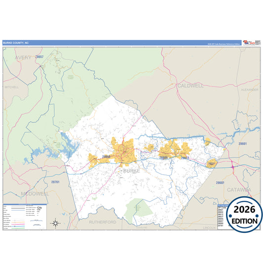 Burke County, NC Business Reference 5 Digit ZIP Code Wall Map
