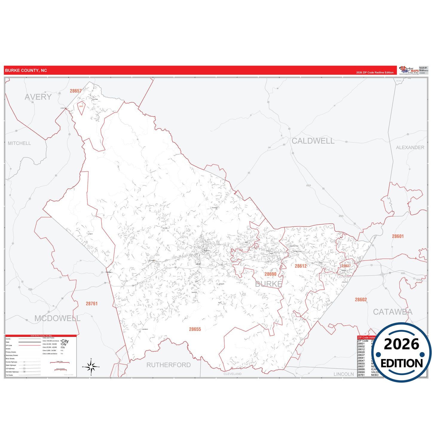 Burke County, NC Red Line 5 Digit ZIP Code Wall Map