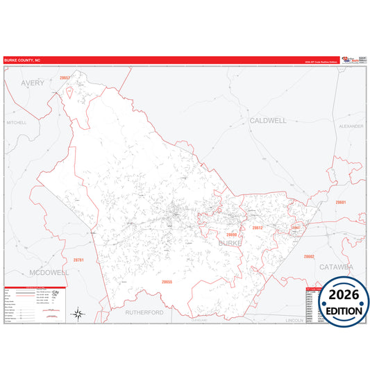 Burke County, NC Red Line 5 Digit ZIP Code Wall Map