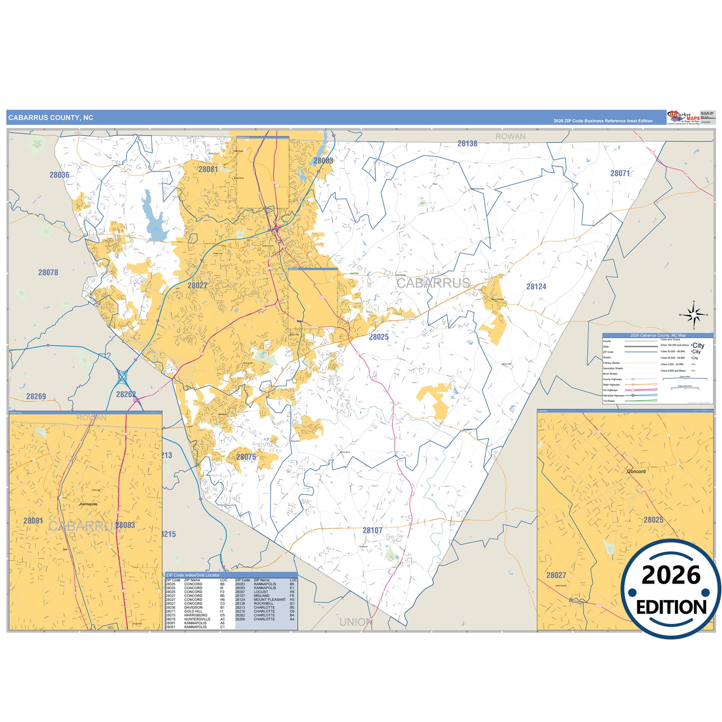 Cabarrus County, NC Business Reference 5 Digit ZIP Code Wall Map